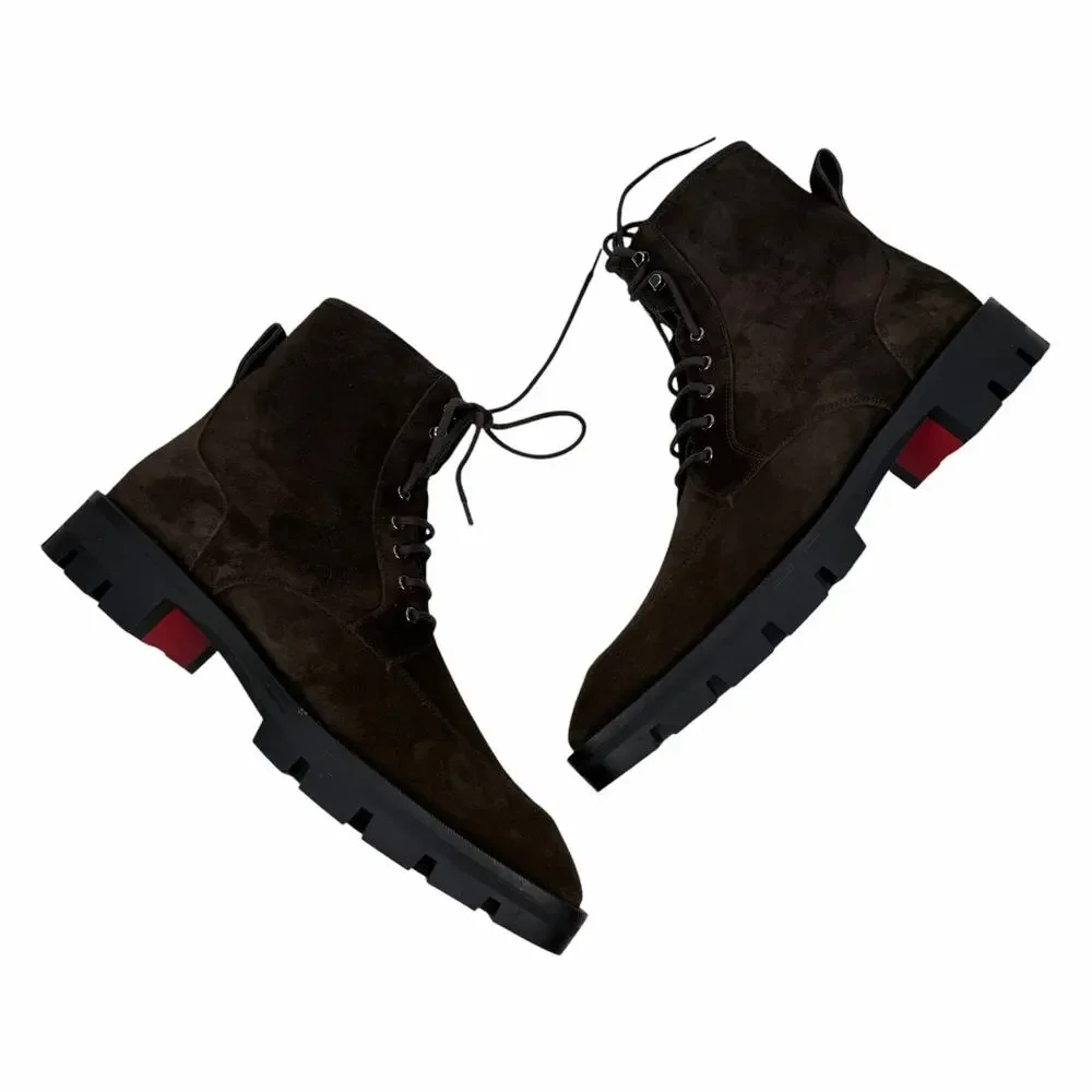 Christian Louboutin Caracolo Lion Suede Lace Up Boots Cafe Brown Size 44